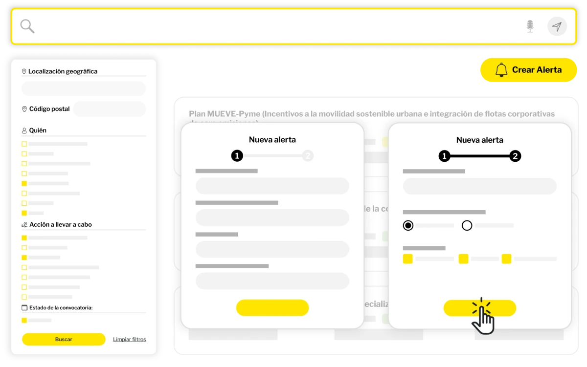 Buscador de FANDIT con los filtros aplicados y el panel para crear una alerta