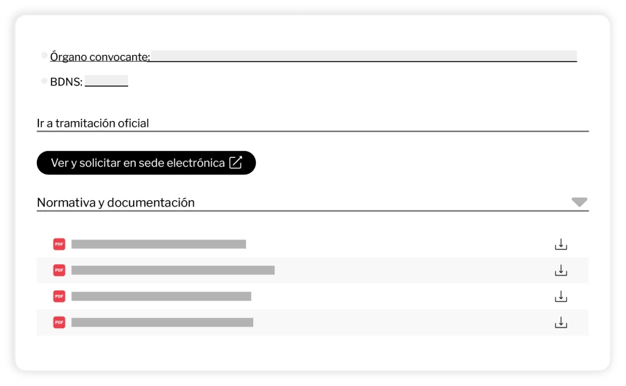 Bases reguladoras, convocatoria en PDF y documentación de la solicitud dentro de la ficha de una ayuda