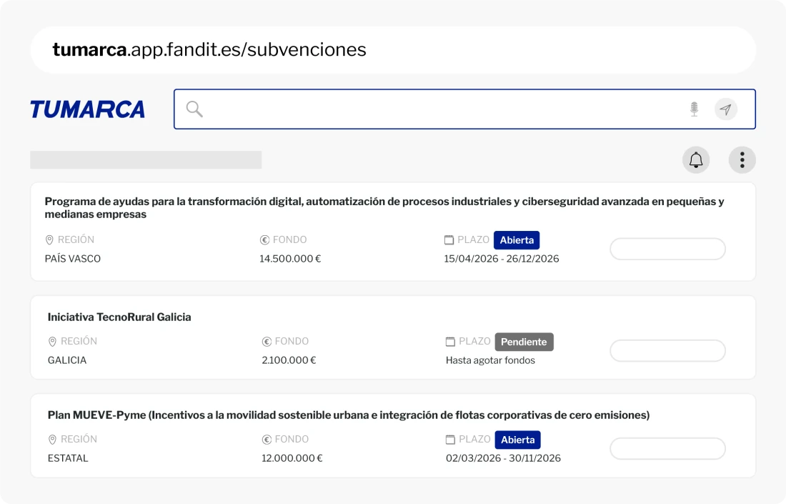 Buscador de subvenciones de FANDIT con el logo, los colores y el subdominio de un partner